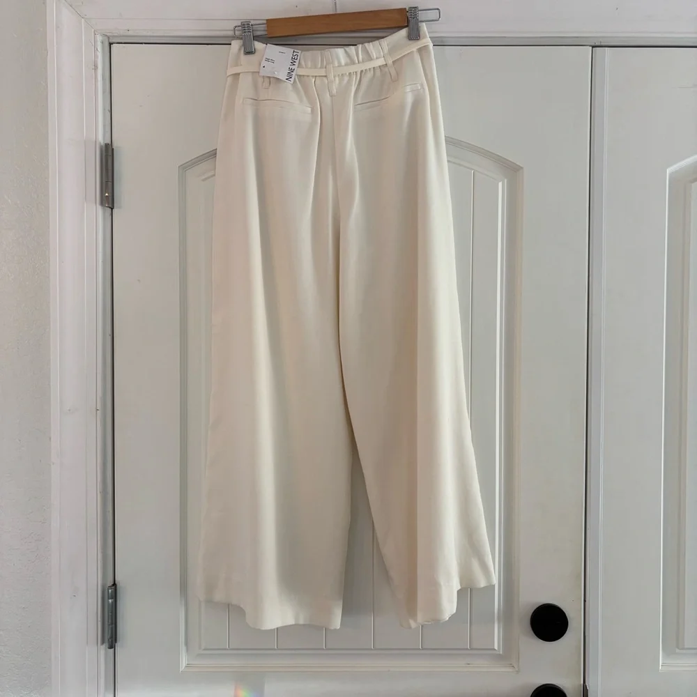 New with Tags! Nine West Tie Waist Wide Leg Crop Pants Cream Daisy Dew. Size 4 - Picture 3 of 12